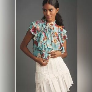 By Anthropologie Tie-Neck Sheer Ruffled Blouse